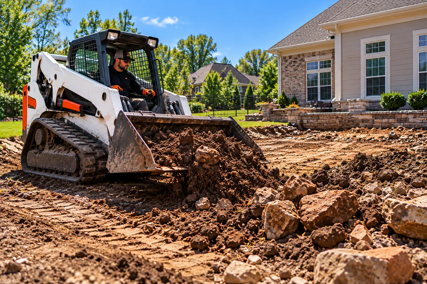 Alpha's Tree Service operator grading dirt and rock with a Bobcat track loader